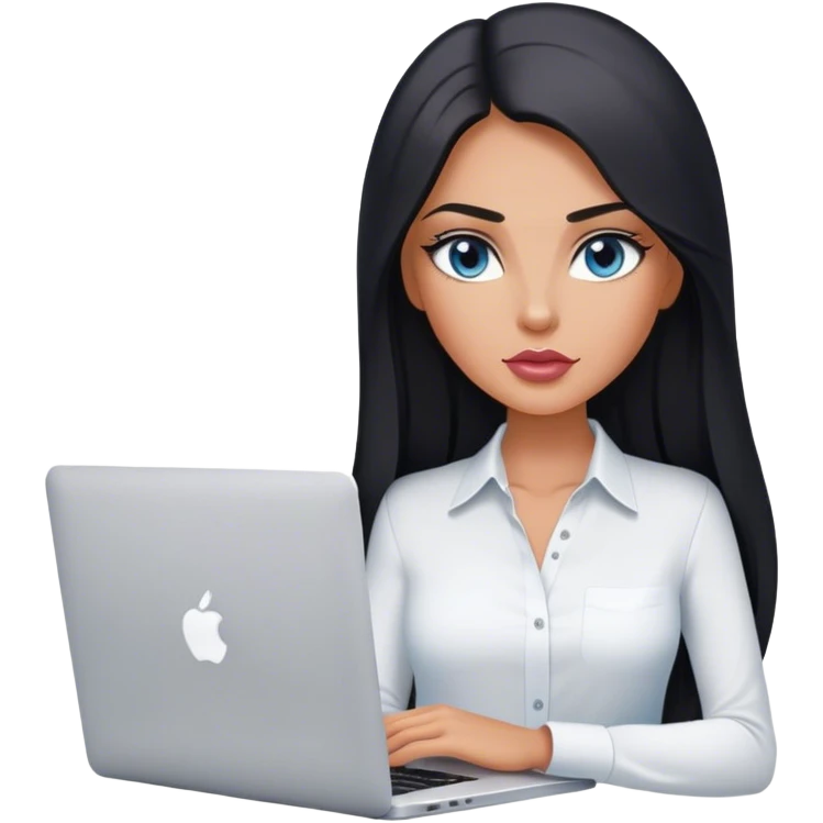 Glamours tanned very beautiful girl with pump slightly rose/nude lips and black straight smooth long hair, blue-grey eyes in white shirt with MacBook. emoji