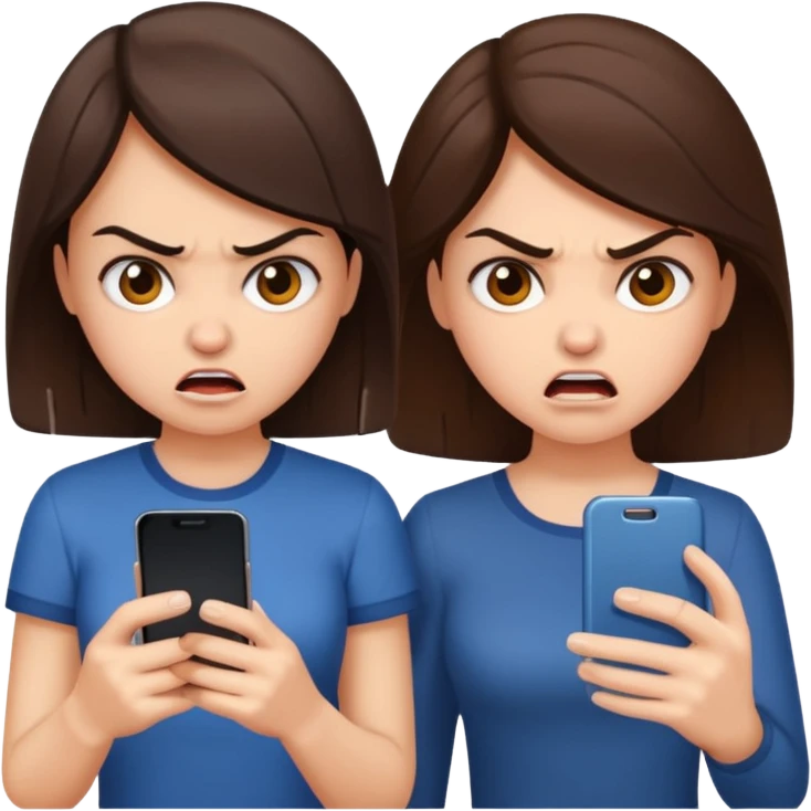 Two angry brunettes looking at phone emoji