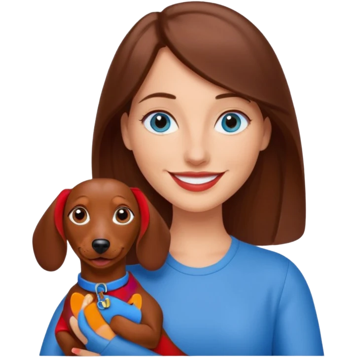 White woman with medium length brown hair and blue eyes holding a red dashound emoji