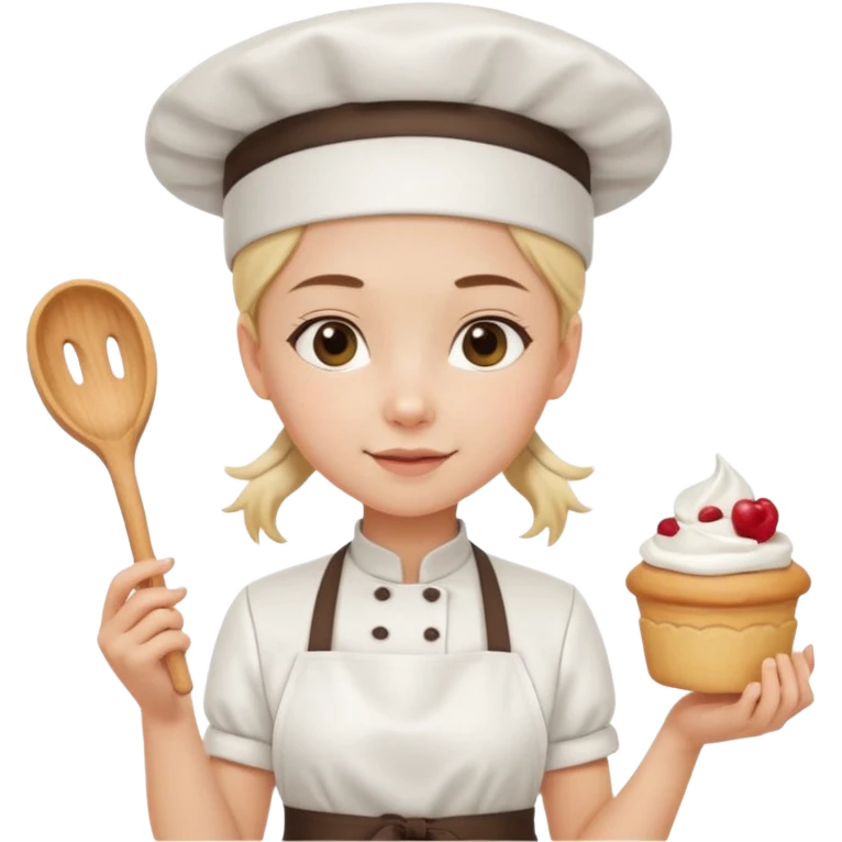 Young female pastry chef - single ponytail, apron, wearing a white hat, holding a cream piping bag emoji