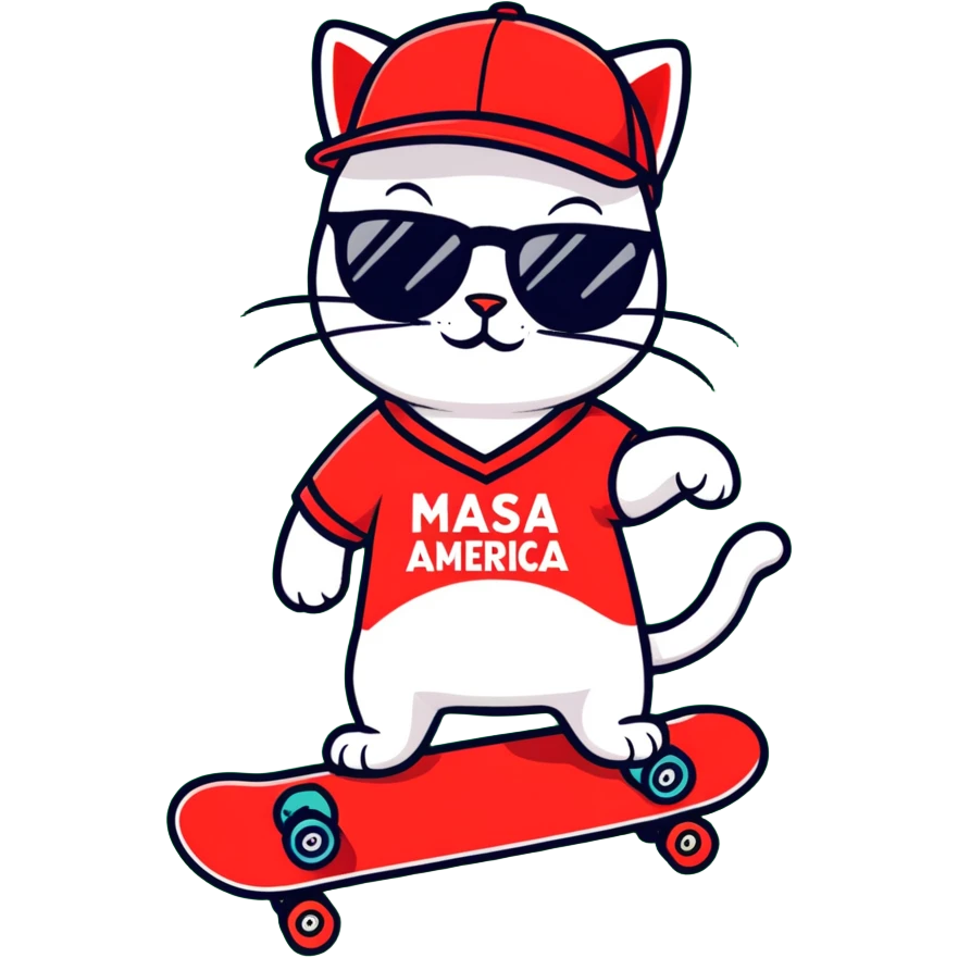 Red baseball cap that says MASA WITH A SKATEBOARD WITH CAPTION THAT SAYS MAKE AMERICA SKATE AGAIN Cat with sunglasses emoji