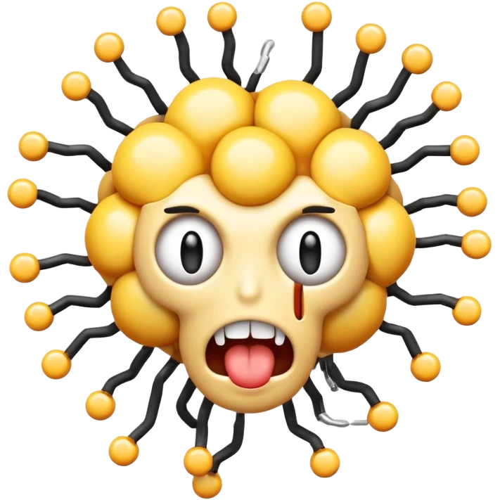 absolutely insane emoji with eyes popping out of sockets on springs, brain partially exposed, multiple gigantic polka-dotted tongues flailing in all directions, tiny explosions around head, face melting, completely deranged look emoji