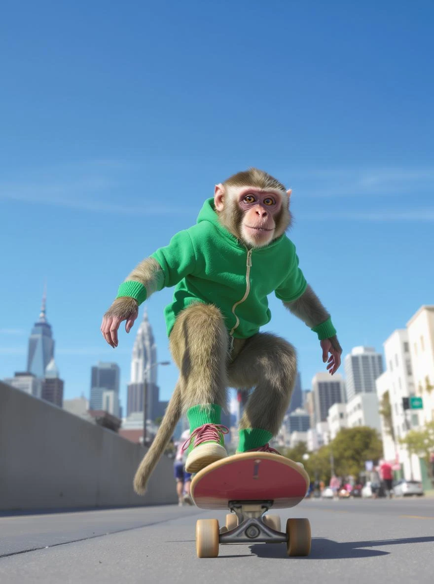 Cinematic still scane, Low angle medium shot, monkey dress in green outfit, monkey ride on skateboard, san francisno downtown with city lanscape, blue clean sky, captured by ARRI Alexa XT, soft cinematic lightning emoji