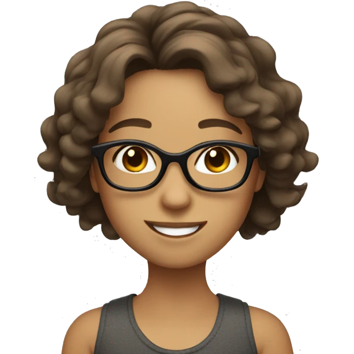 smiling girl with shoulder length shaggy brown hair and big dark glasses emoji