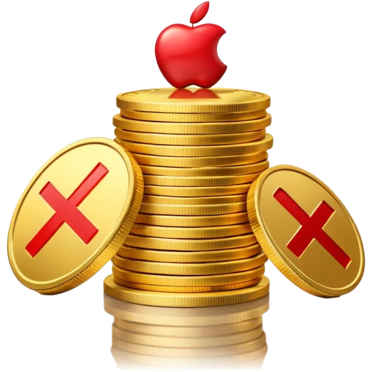 A stack of shiny gold coins without any symbols on top, crossed by a red prohibition sign (no symbol). Apple Emoji style, 3D look, soft reflections, clean white background, high-quality rendering, realistic lighting and shadow, smooth gradients, no text or logo. emoji