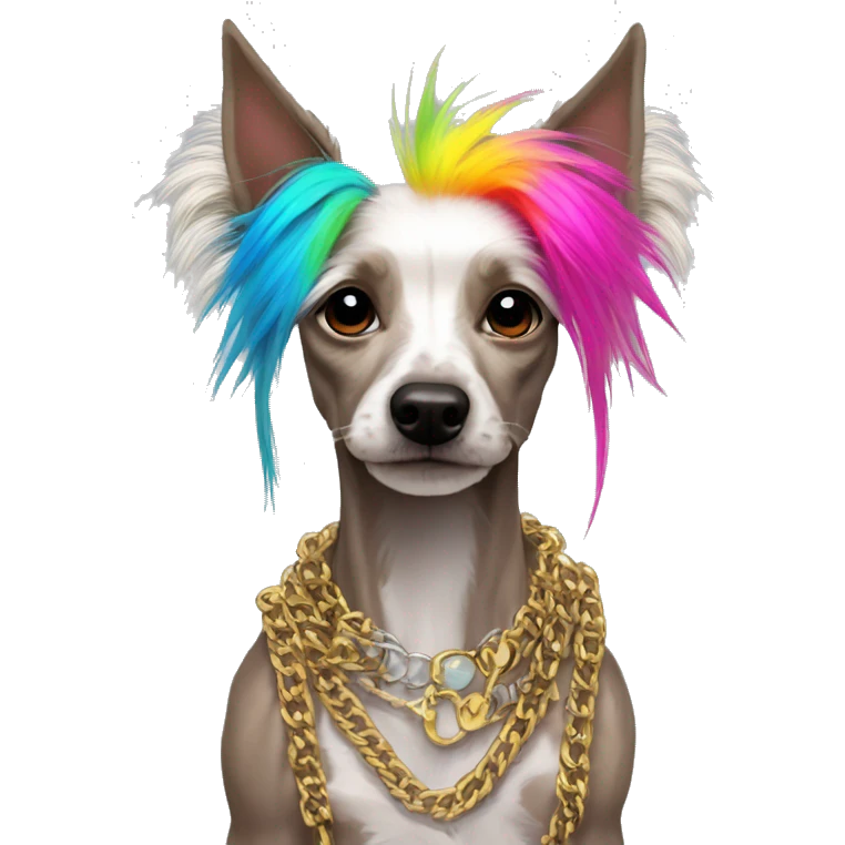 Punk Chinese crested dog neon rainbow hair gold chain punk piercings tattoos punk ear piercings emoji