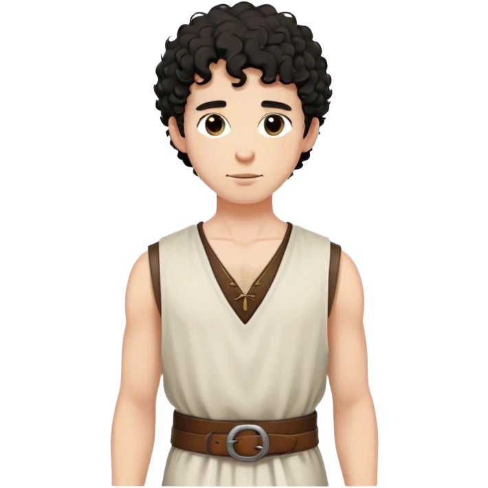 medieval summer outfit worn by a DnD themed fantasy character. basic sleeveless cotton shirt with a loose neckline and a thin leather belt. clothes only above the waist. The clothes full waist. The character's haven't arms. character is black hair, brown eyes, short curly hair, white skinned man. emoji