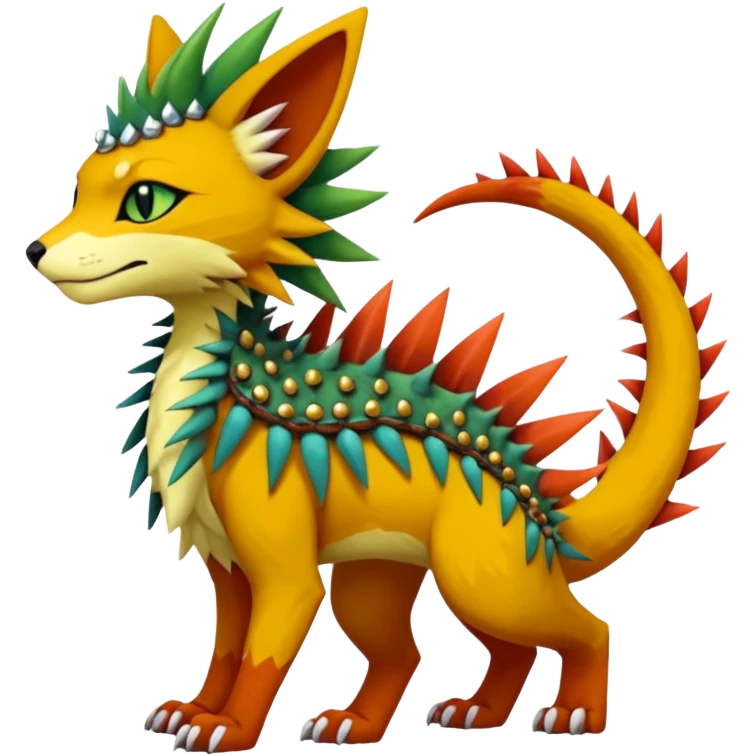 Kawaii cute reddish orangish yellowish greenish exotic tribal beautiful pretty elegant divine edgy feline-vernid-sergal-Fakémon-Pokémon-Digimon-fursona-animal-creature with accessories, jewelries, full body, with intricate detailed markings, spikes, furs, fins, scales, spiny emoji