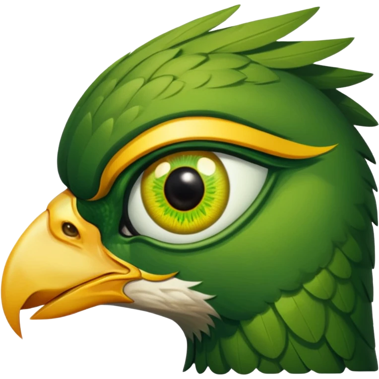 close up of just the eye and nothing else at the side profile of the face of a green hawk that is looking away from the camera on white background emoji