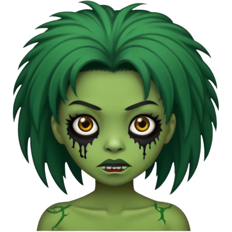 Faça uma menina de cabelo liso preto com franja zumbi cabelo longo 🧟‍♀️ faça ela assim faça ela verde com cara mais assustadora emoji