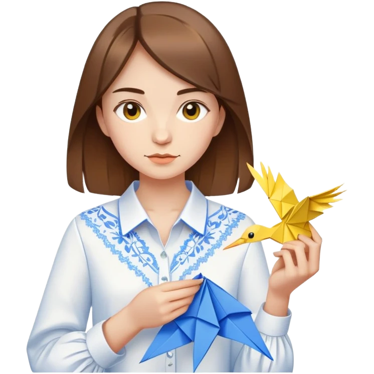 Ukrainian young girl with brown hair wearing a white embroidered shirt holds an origami yellow-blue crane emoji