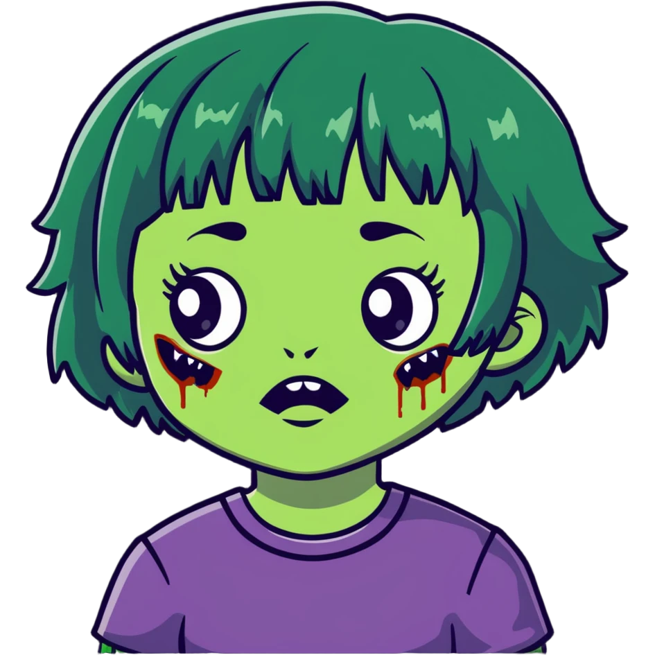 zombie girl with short wavy hair and black bangs, greenish skin emoji