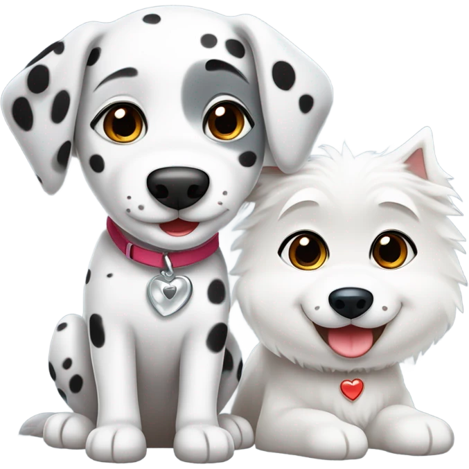 kawaii style, dalmatian, white and grey siberian husky, in love emoji