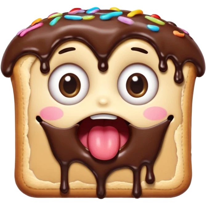 Rectangular chocolate mini pastry, slightly messy and squished, chocolate dripping, big round eyes, wide open mouth, playful surprised expression, text above: "ПАСТИЧКА", chibi style, Twitch emoji style, transparent background, colorful

 emoji