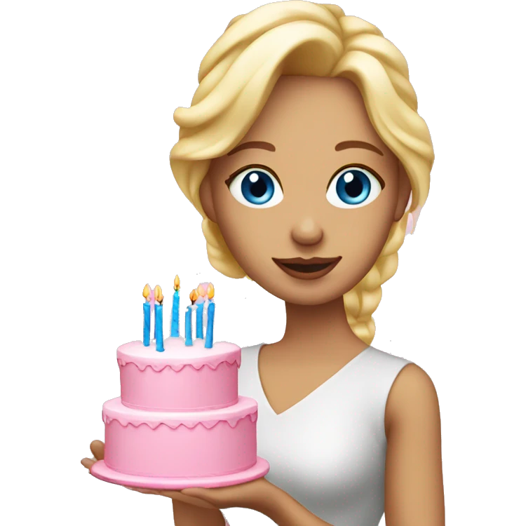 Blonde woman with blue eyes holding a pink birthday cake  emoji