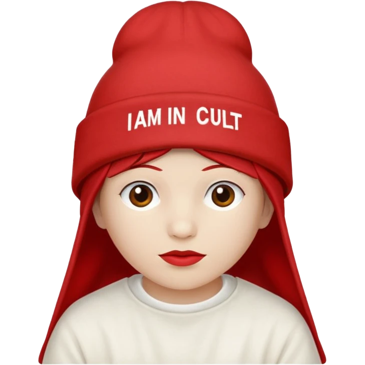 Red hat that says "I AM IN A CULT" in white text emoji
