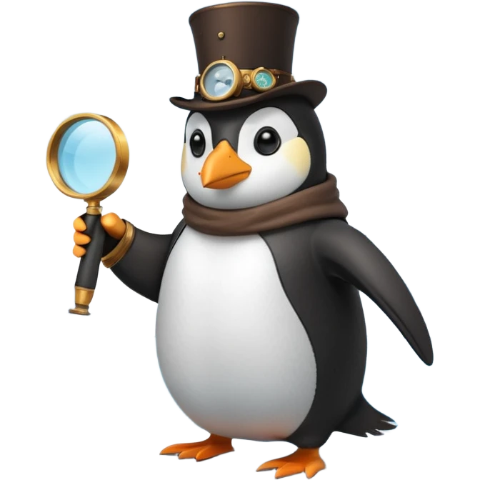 a steampunk engineer penguin analysing a data stream with a magnifying glass on top of an iceberg emoji