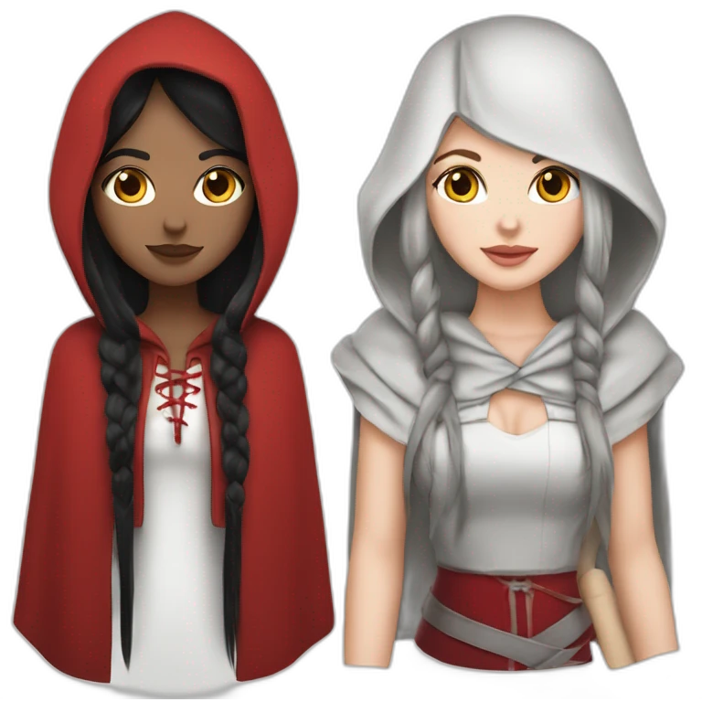 White girl long straight black hair with white streak hair and red ridding hood emoji