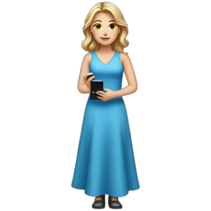a white girl in a blue dress holding a cell phone emoji