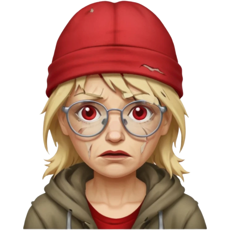 very dirty looking homeless woman with ripped red hat with ugly blond hair and broken glassess emoji