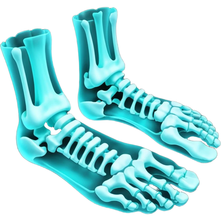 3D render of Foot Bones, X-Ray imaging aesthetic, translucent materials showing internal structure, top-down view of foot bones in cyan glow, medical scan style, emoji style, isolated on white background --v 6.0. emoji