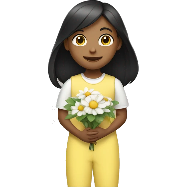 a white child with black long straight hair wearing a pastel yellow jumpsuit with white shirt in it and carrying a flower arrangement in her hands emoji
