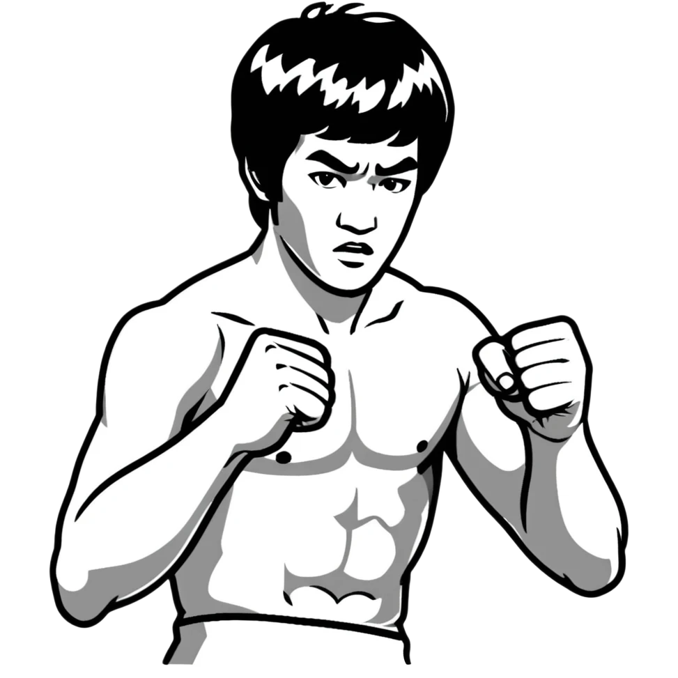 Bruce Lee iconic martial arts star in fighting stance, chest up portrait emoji