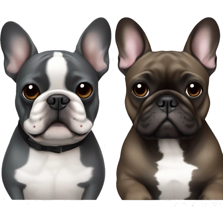 dark gray french bulldog happy alongside a black brown brindle French bulldog, best friends emoji