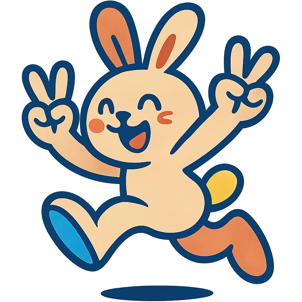 beige bunny jumping and making peace signs, vibrant toon style, bright colors emoji