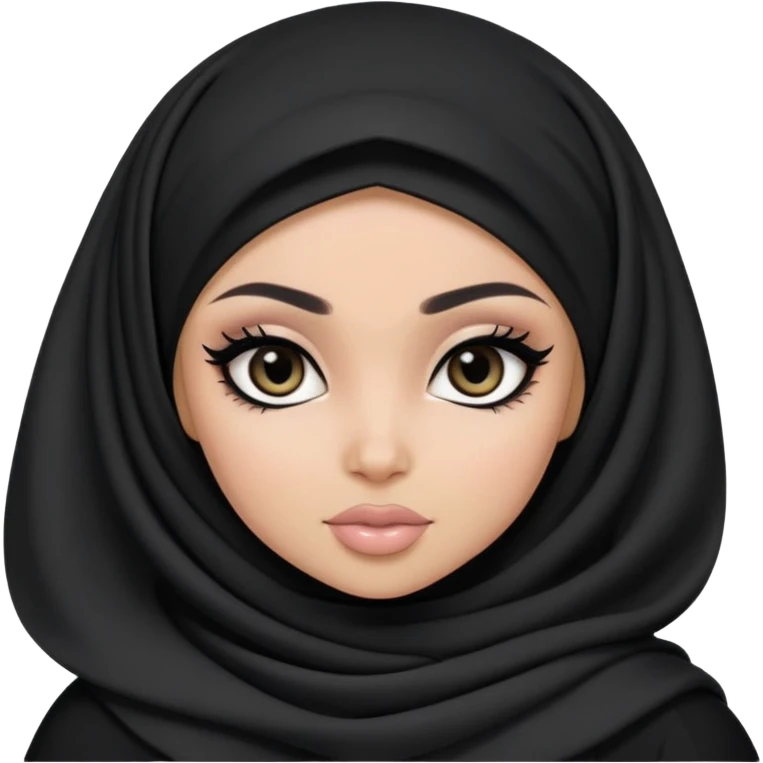 black pretty bratz girl, hijabi, dark black eyes, black eyeliner, pale skin, black clothes emoji