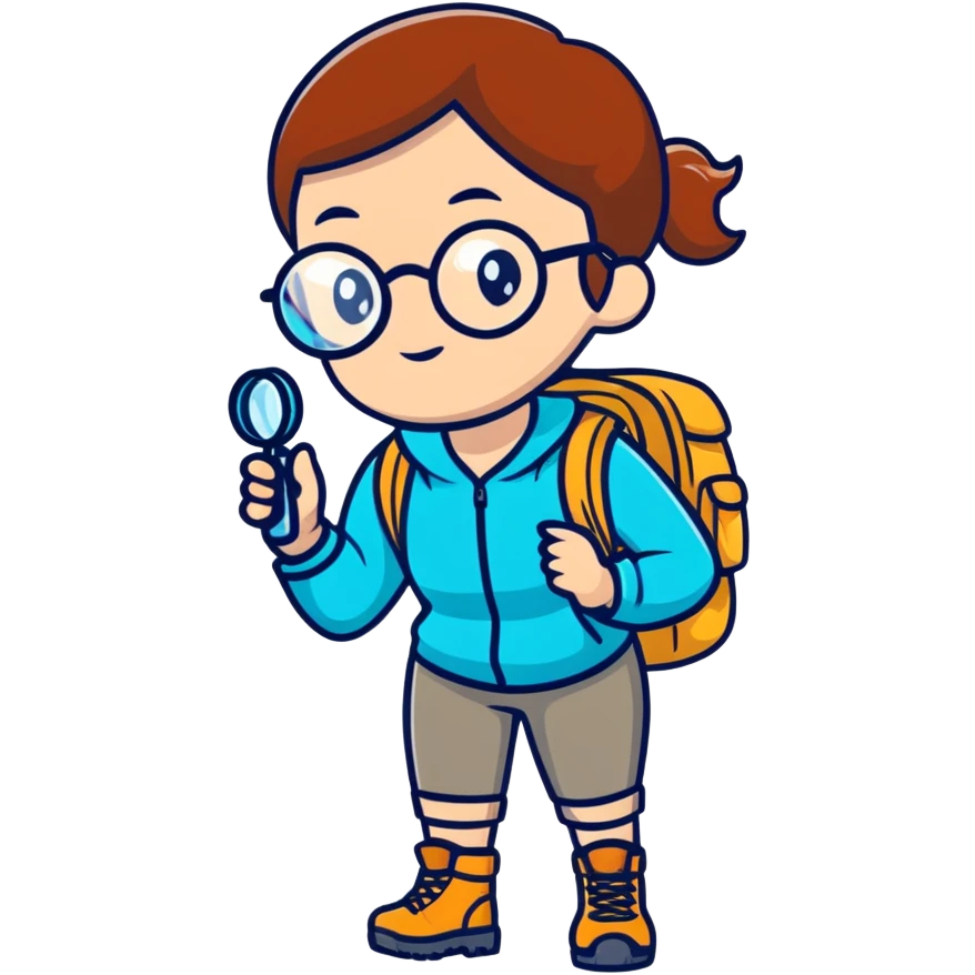 Woman in her late 30s with glasses wearing sporty outfit, hiking boots, and backpack, holding a magnifying glass and looking curious emoji