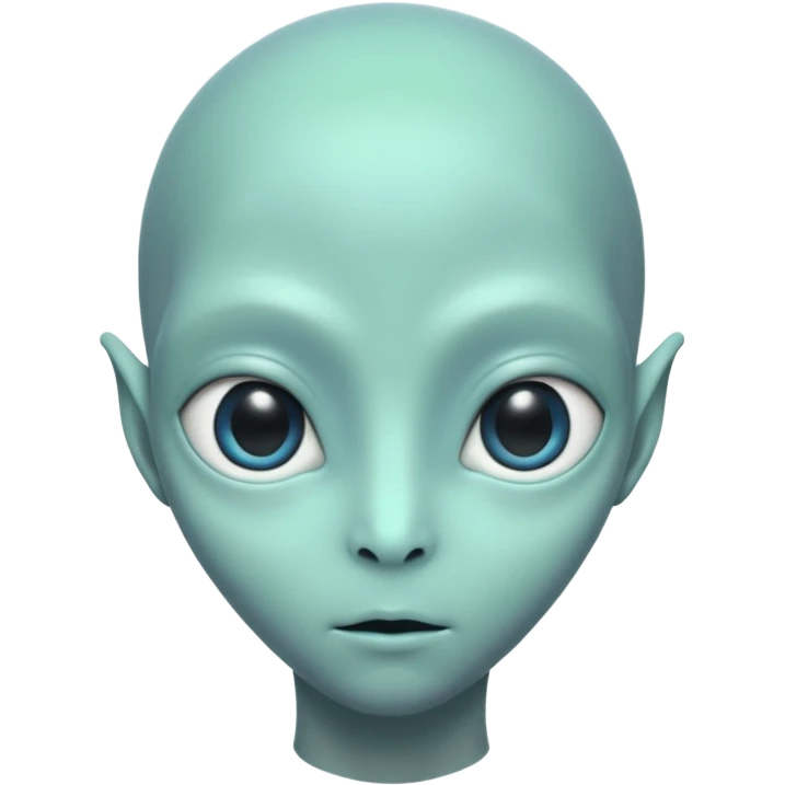 Portrait of an alien with smooth greenish-blue skin, large black oval eyes, small nose, and no visible ears, elongated head, front-facing, calm expression, soft glow, simple futuristic design emoji