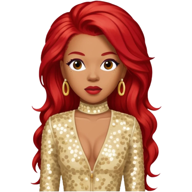 Keyshia Cole with long red hair, cream sequin outfit emoji