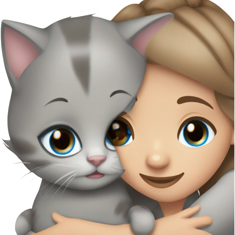 blue eyes grey kitten with two brown hair girls hugs emoji