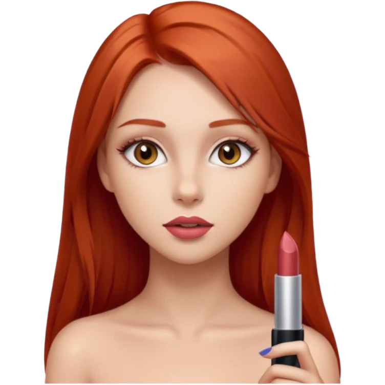 una chica con pose divertida de 18 años con los labios con pintalabios nude y los ojos maquillados, de piel blanca con el pelo liso, largo y pelirrojo, ojos marrones emoji