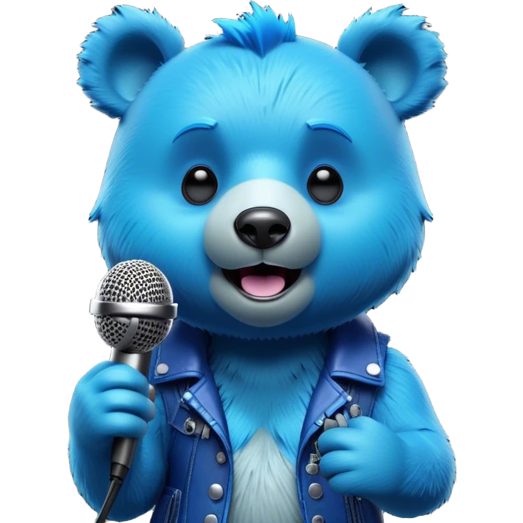 3D, adorable little Pixar style blue neon punk bear singing in a microphone, ultra detailed, each lash, eye, and strand of fur is shown in stunning detail as though captured in a timeless photograph, rich textures, visually rich, so lifelike it feels like it could leap off the page at any moment emoji