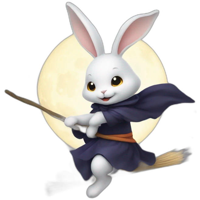 a small white rabbit riding a broomstick like a witch with the night sky and stars in the background emoji