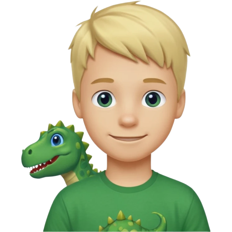 A smiling blond boy with blue eyes wearing a green dinosaur T-shirt emoji