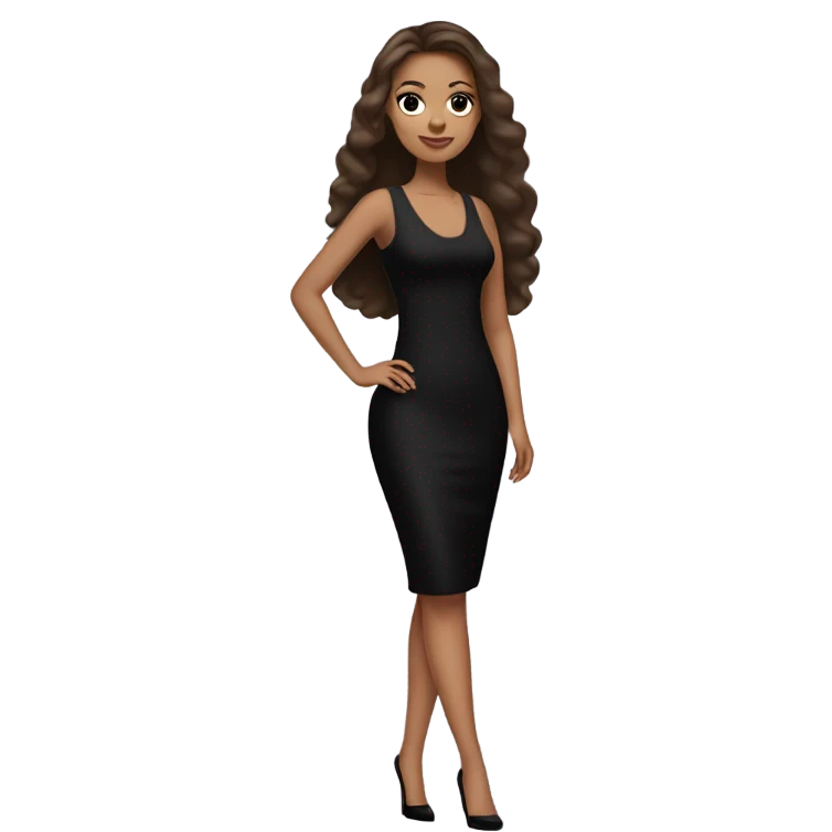 Girl wearing long black bodycon dress with lashes and makeup on and long straight brown hair and wearing black heels and light skin  emoji