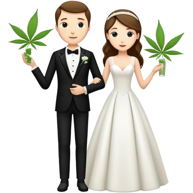 A bride in white wedding dress and groom in tuxedo, full body, sharing cannabis, wedding couple, different pose emoji