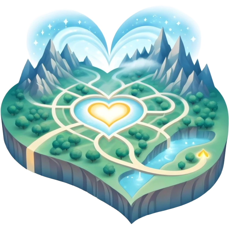 Dreamlike folded map with ethereal mist and shimmering heart pathways that glow with magical energy emoji