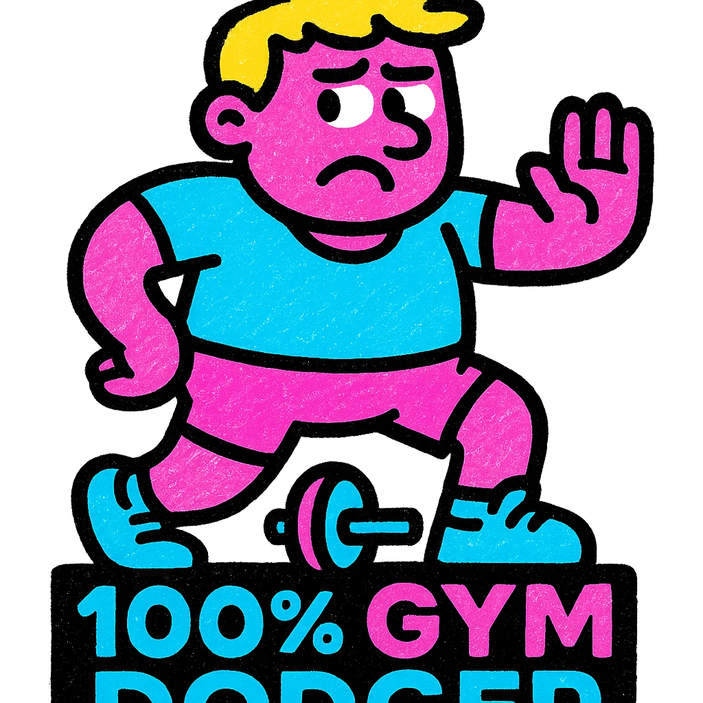one man at the gym, 100% gym dodger, completely avoiding exercise, exaggerated and humorous, icon style, vibrant colors, no yellow emoji