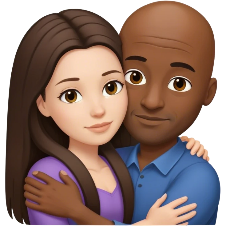 White brunette female with long hair hugging bald black man with out a beard emoji