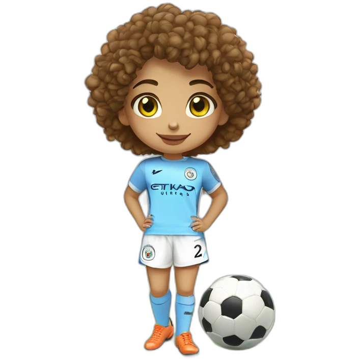 girl with short curly brown hair and eyes wearing Manchester City football shirt, fluro orange soccer boots, standing with a soccer ball emoji