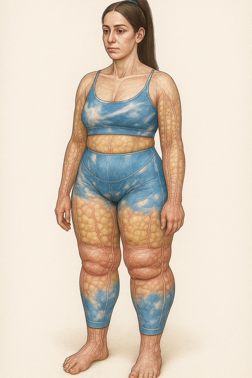 Realistic anatomical illustration of a woman in sportswear inspired by the reference photo, showing evident water retention in the legs. Highlight subcutaneous tissues and fluids in an anatomical style with a neutral background. emoji