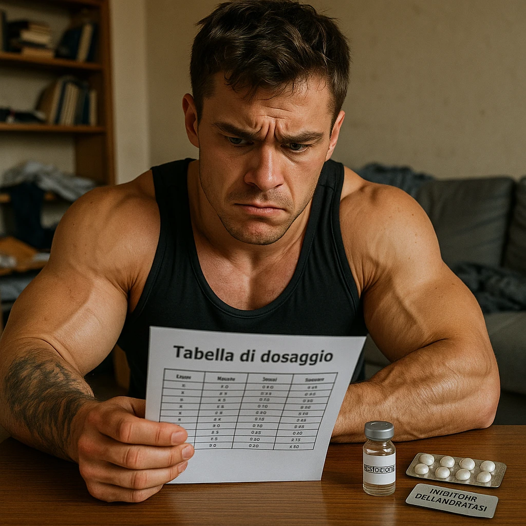 young athlete with swollen muscles but marked skin consulting dosage table in Italian, vial labeled 'Testosterone' and blister pack labeled 'Inibitore dell'aromatasi' on table, worried expression, messy room background, 4K quality emoji