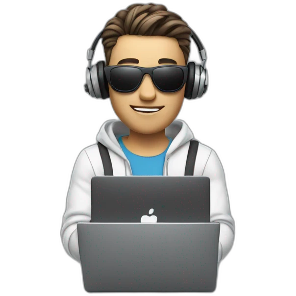 futuristic realistic animated man, video editor with black sunglasses, gray laptop in hand, headphones around his neck emoji