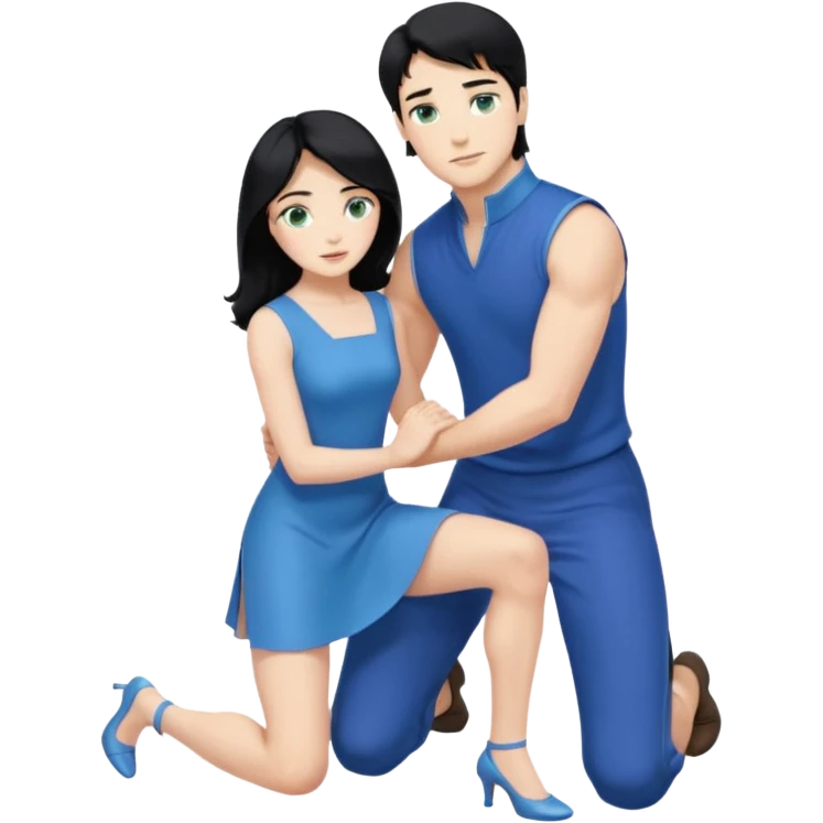 prince, upright, black Hair, blue eyes, blue garment,  Woman, blonde Hair, Green eyes, bending knee, sleveless, white Dress, emoji