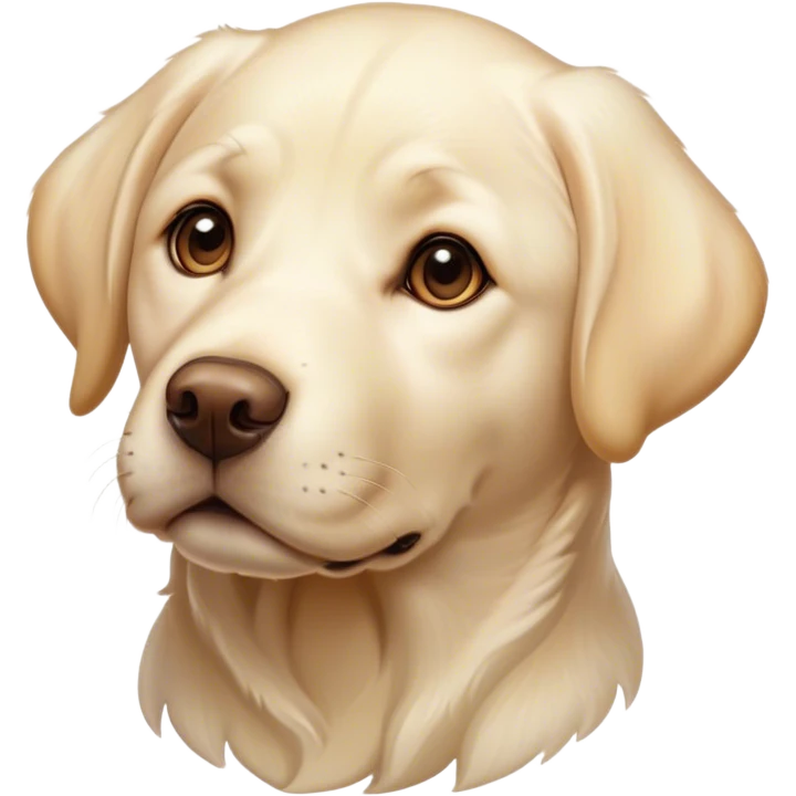 Cinematic Cute Cream Labrador Portrait Emoji, Head tilted playfully and inquisitively, featuring a silky cream Fur with a gentle sheen, round, sparkling warm eyes filled with curiosity, Simplified yet irresistibly adorable features, highly detailed, glowing with a warm, friendly glow, high shine, affectionate and spirited, stylized with a touch of whimsy, bright and endearing, soft glowing outline, capturing the essence of a mischievous yet loving companion, so playful it feels like it could dash out of the screen and into your arms! emoji