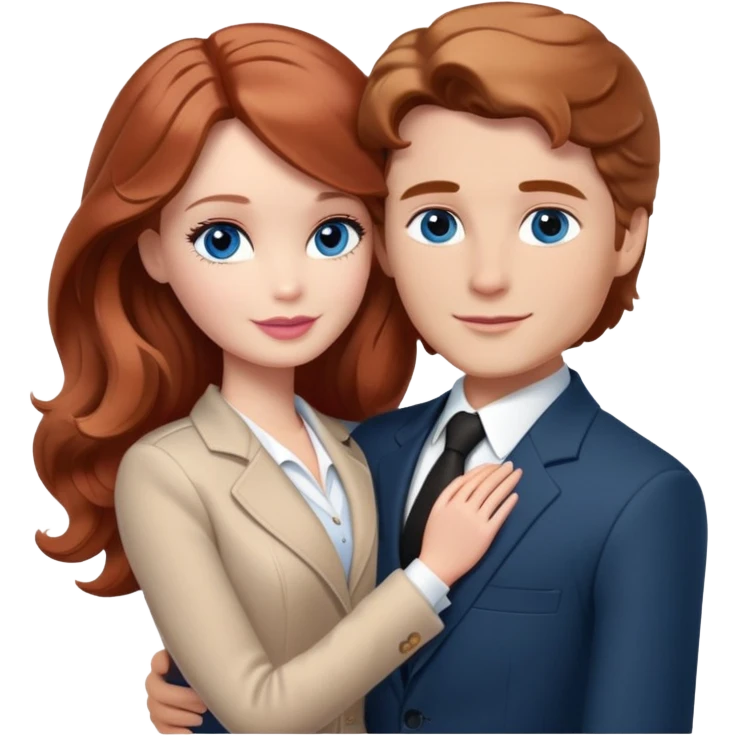 Barbie girl  , eyes blue , Chestnut red long wavy hair In pale beige clothes, Hugs a man with light brown hair short haircut, brown eyes , and a black suit emoji